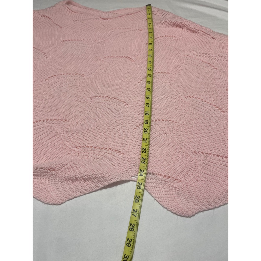Womens Light Pink Batwing Open Knit V-Neck Scalloped Hem Pointelle Sweater - Picture 5 of 6